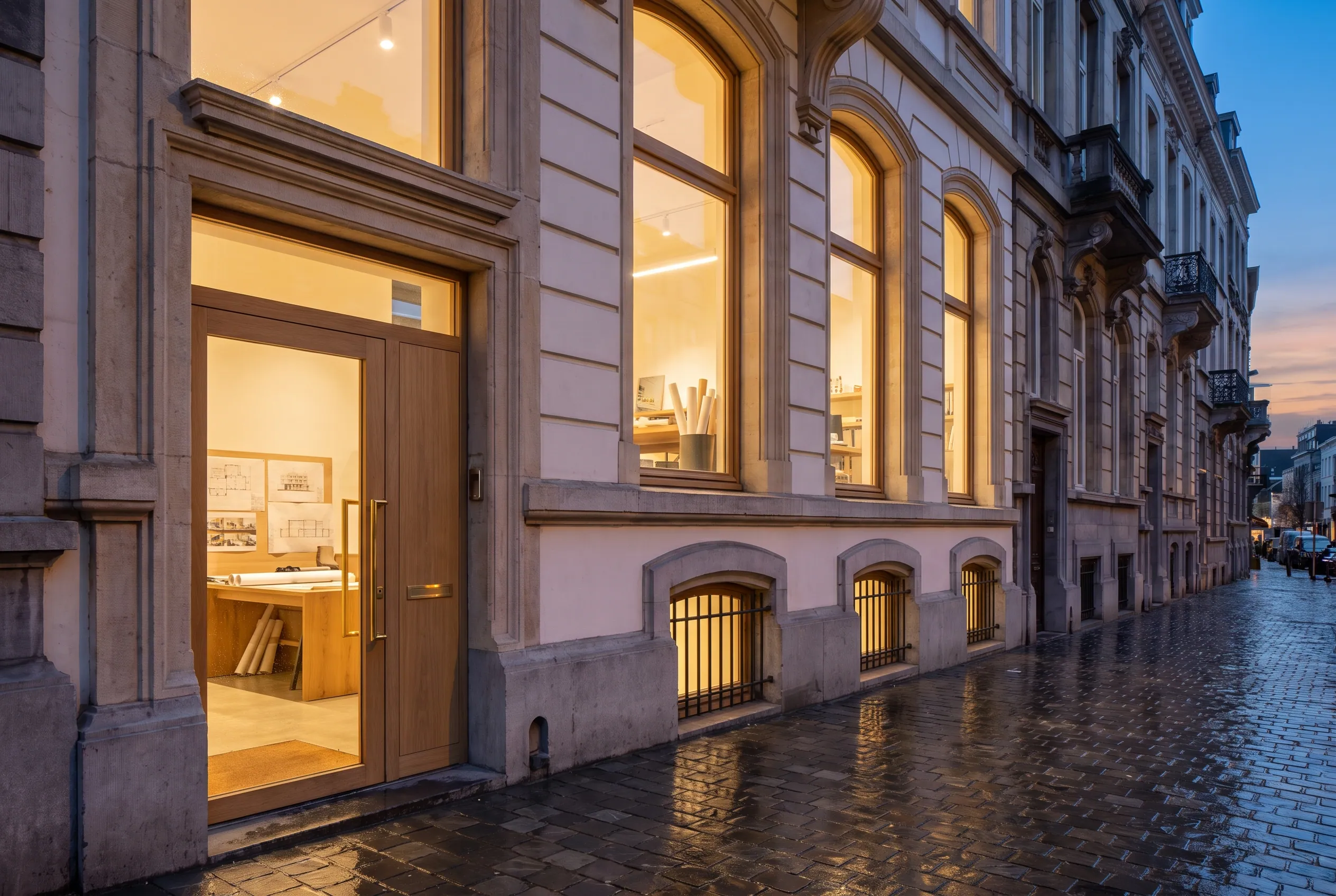 La maison de maître de l'avenue Louise qui abrite le studio NOVA Architectes, au crépuscule