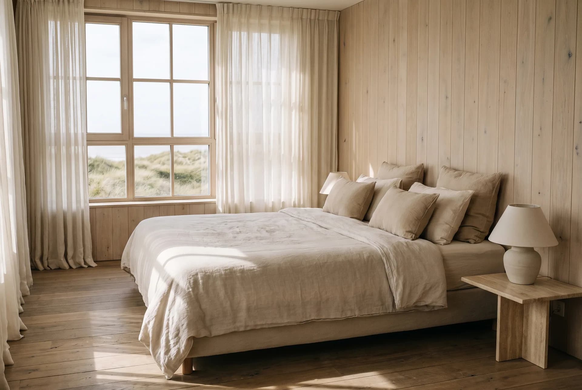 Suite de la maison d'hôtes Dune Blanche — lin lavé et vue sur les oyats