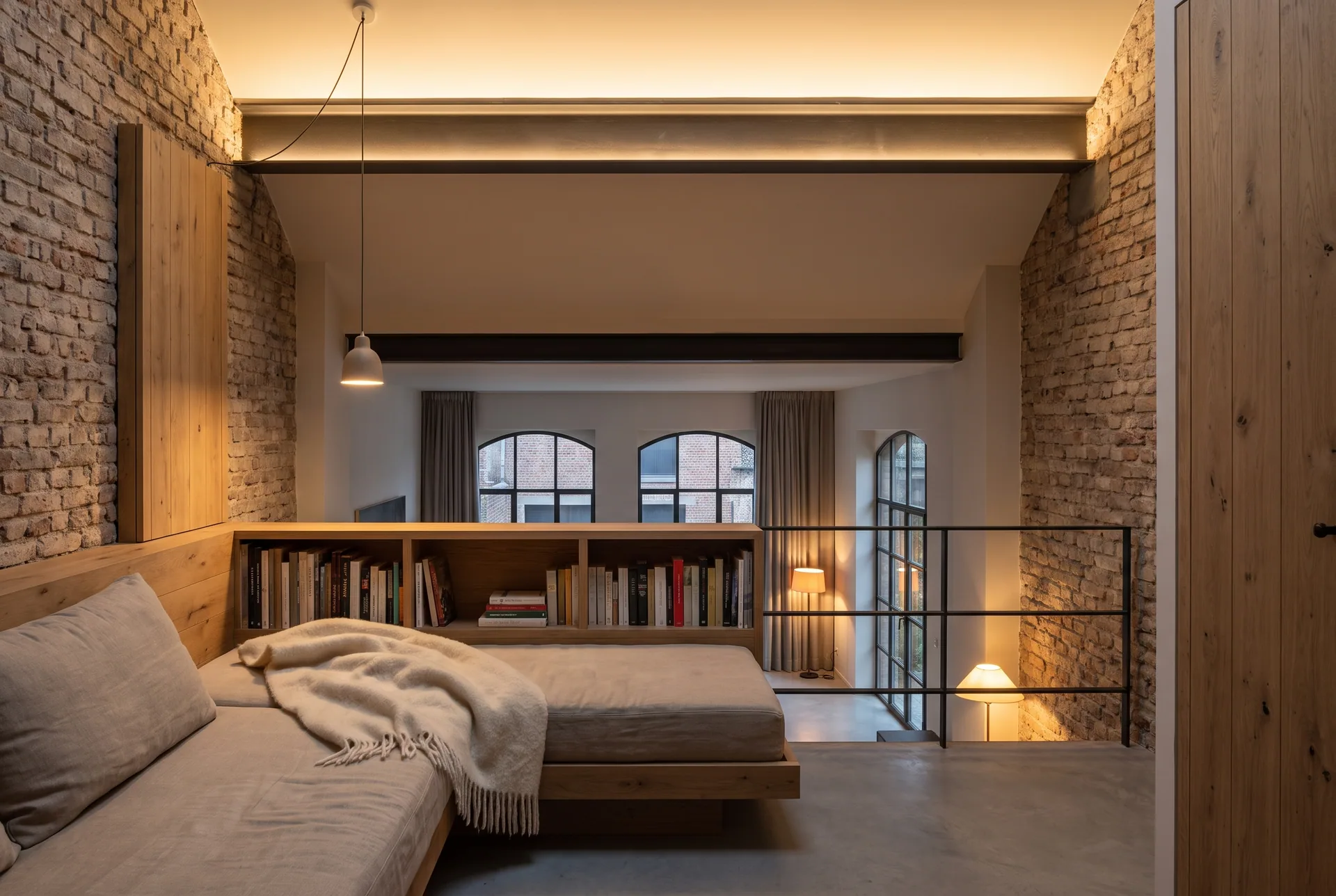 Mezzanine de chêne de l'Atelier Gand au crépuscule