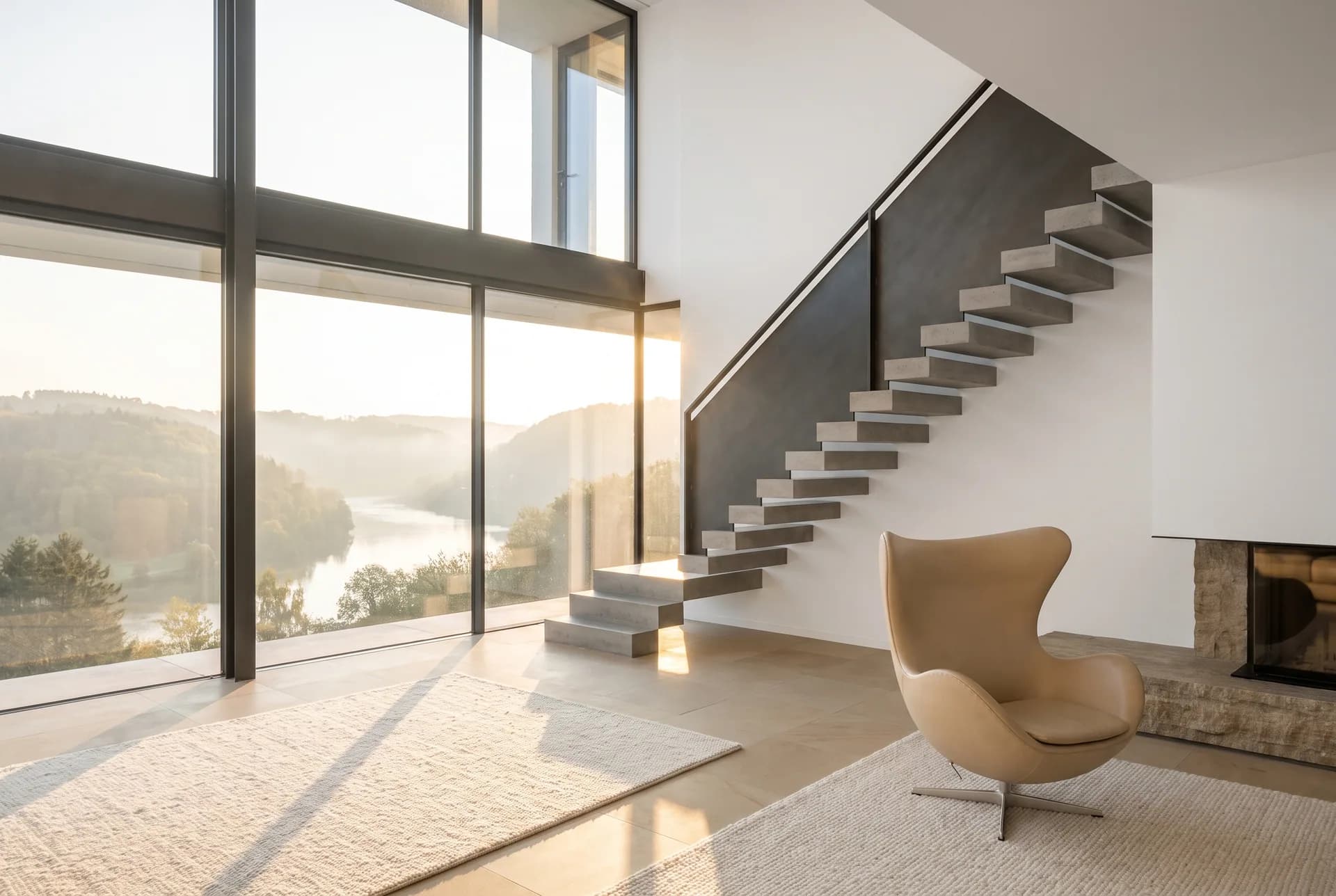 Double hauteur de la Villa Épure — escalier de béton flottant et vue sur la vallée de la Meuse