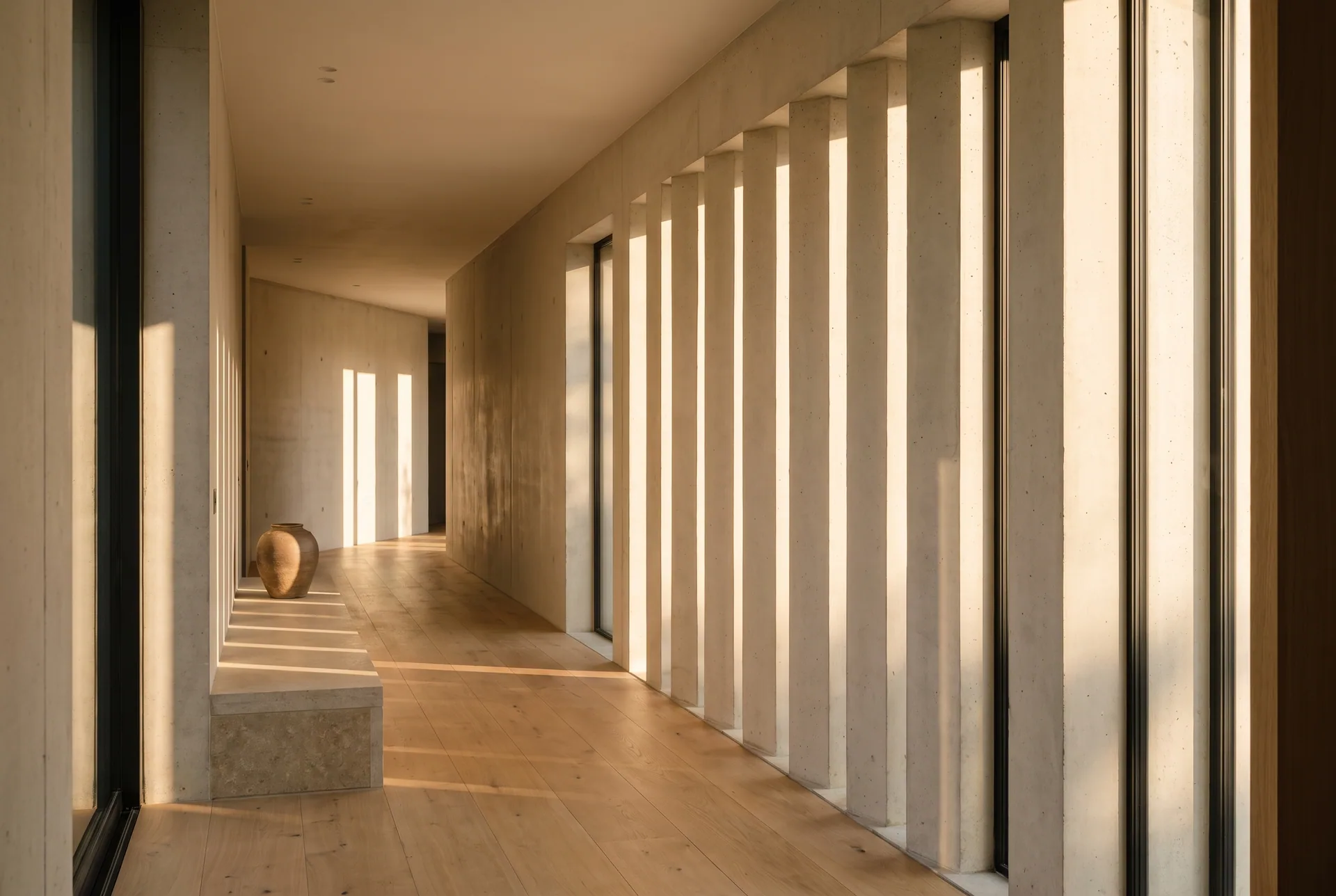 Couloir de la Villa Épure rythmé par la lumière rasante des fentes verticales