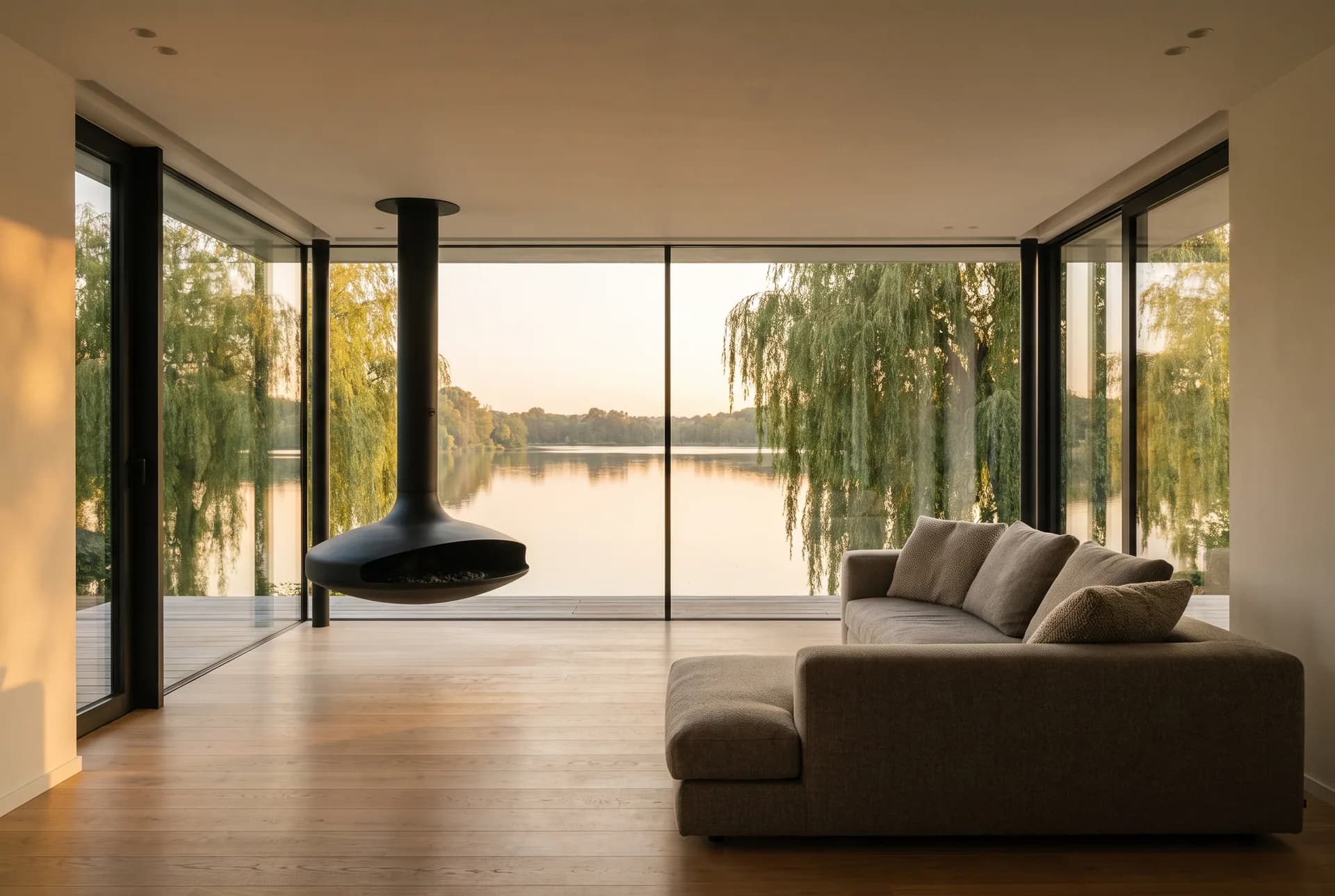 Séjour de la Maison du Lac — cheminée suspendue et vitrage panoramique sur le lac de Genval