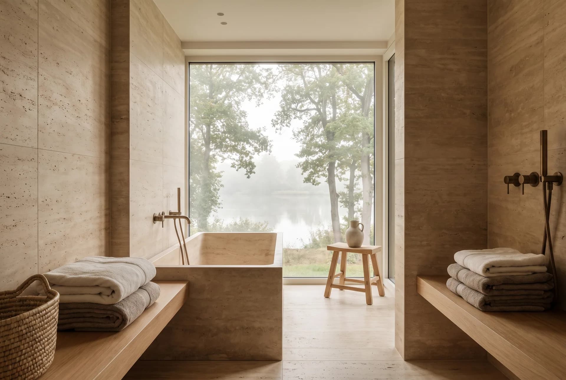 Salle de bains en travertin de la Maison du Lac, ouverte sur les arbres