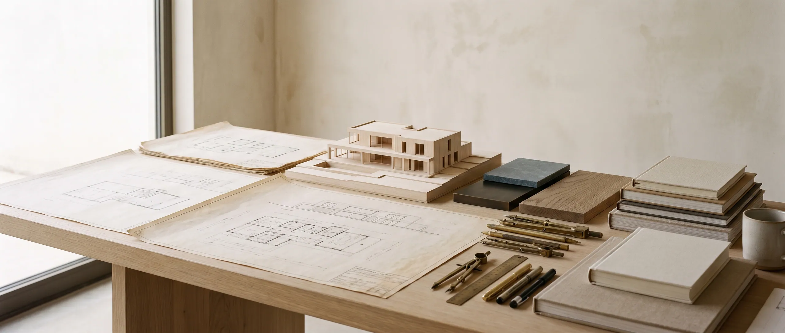 Table de travail du studio NOVA — plans, maquette et échantillons de pierre bleue, chêne et bronze