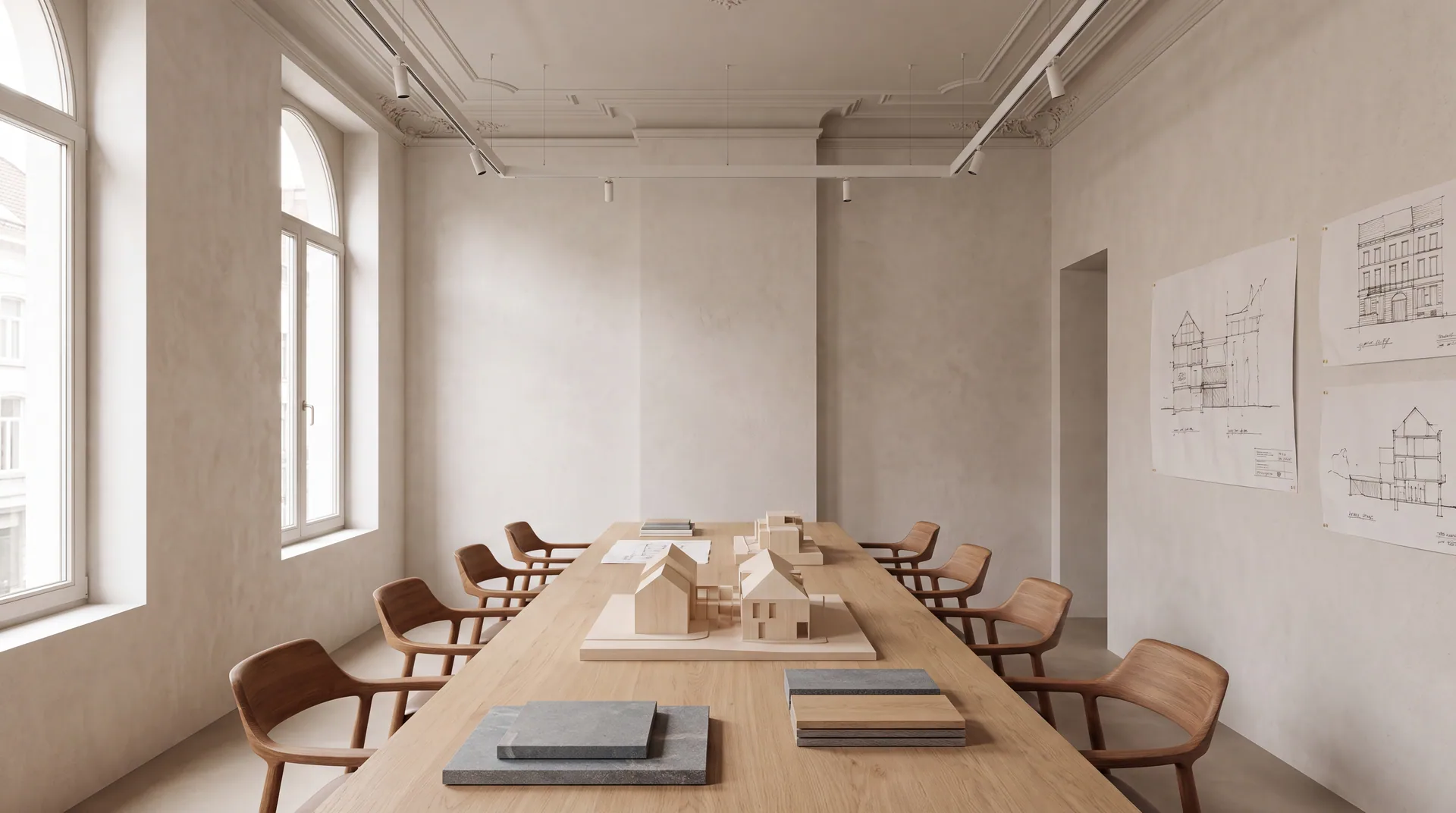 Le studio NOVA Architectes à Bruxelles — table de réunion en chêne, maquettes et échantillons de matériaux