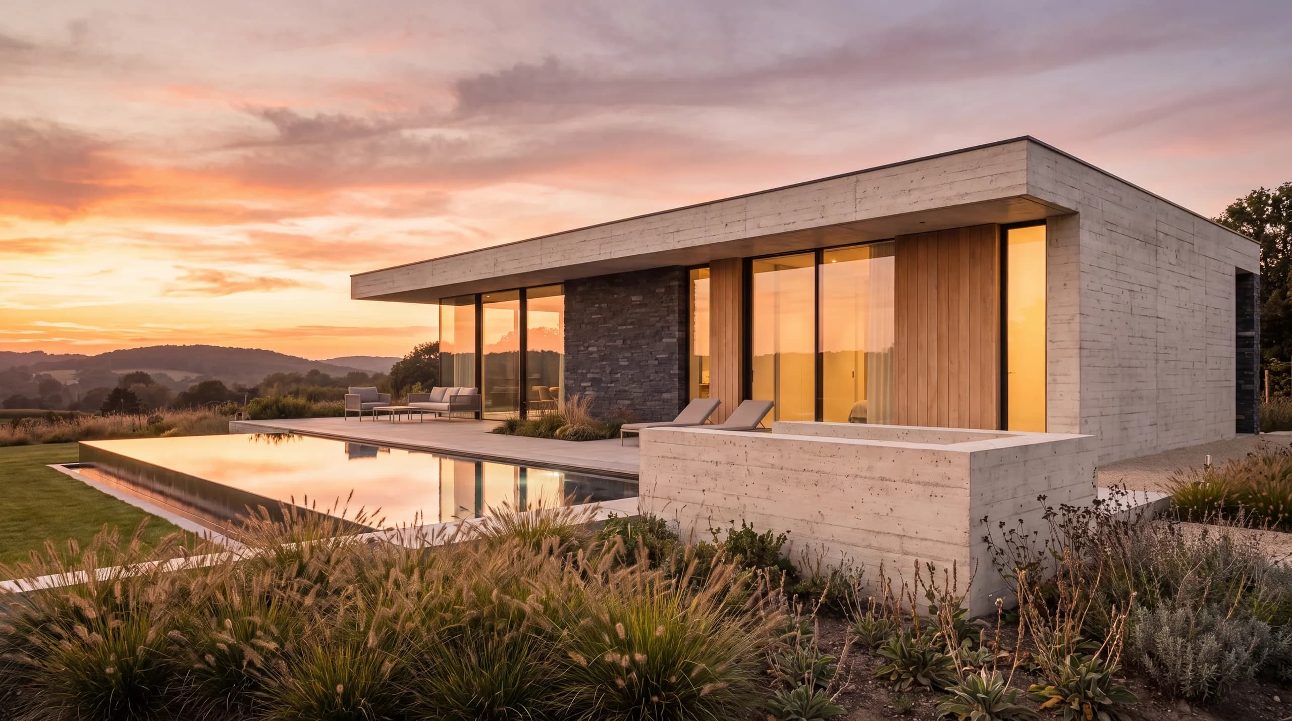 Villa contemporaine au coucher du soleil à Lasne, Belgique — bois, pierre, béton et grandes baies vitrées