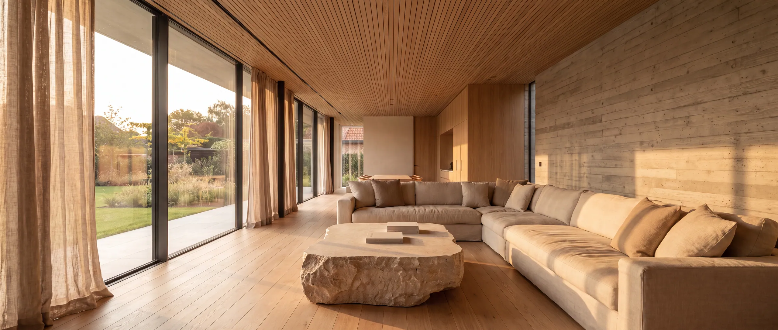 Séjour minimaliste d'une villa belge au coucher du soleil — chêne, béton et lumière naturelle