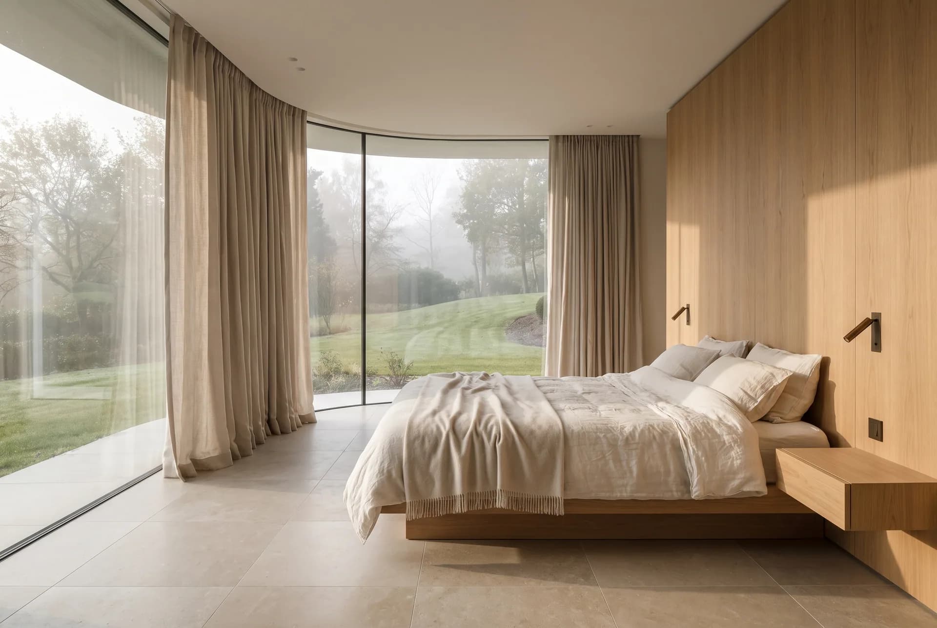 Suite parentale de la Villa Horizon à l'aube — lin lavé, chêne et lumière douce