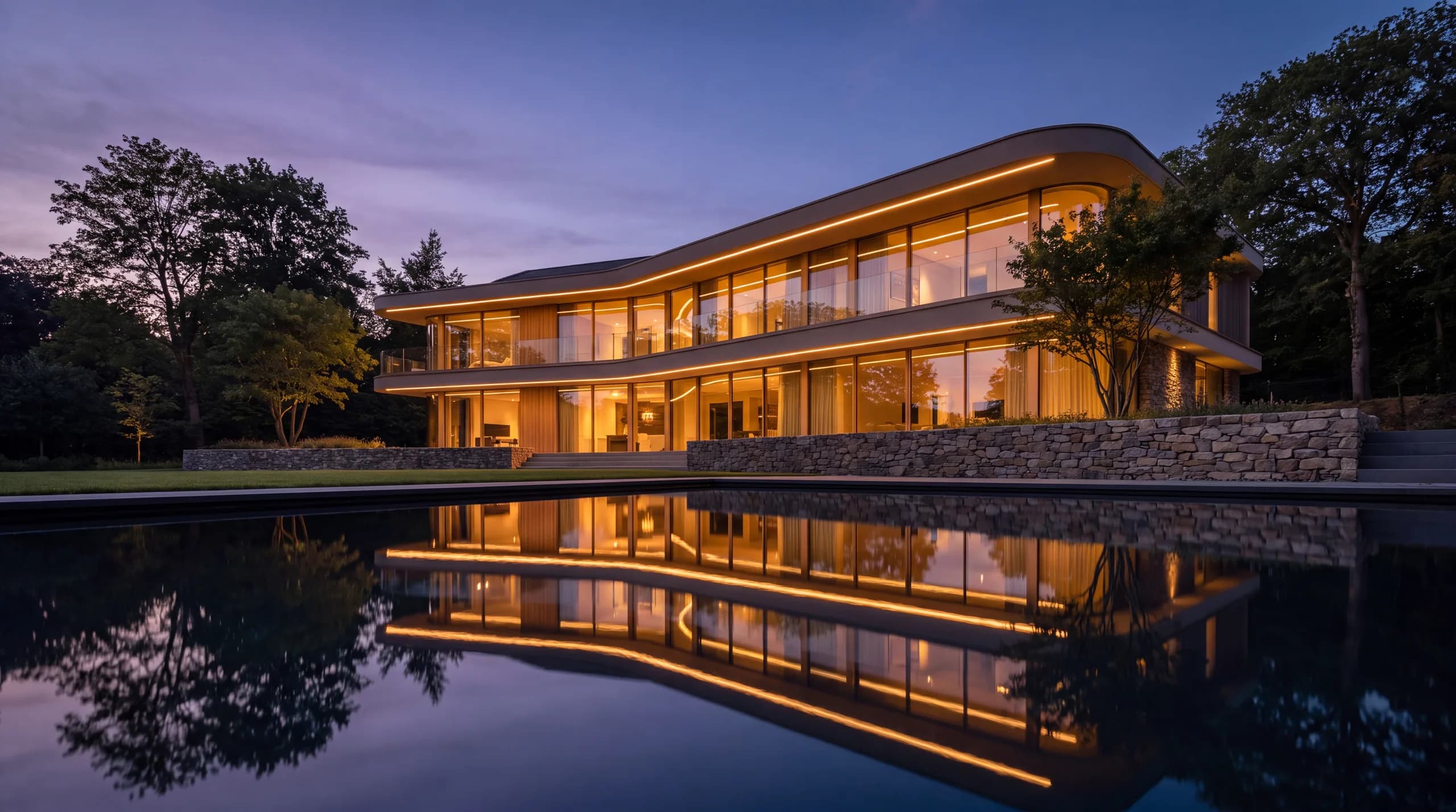 Villa Horizon à Lasne — villa contemporaine aux lignes courbes illuminée à l'heure bleue, reflétée dans un bassin